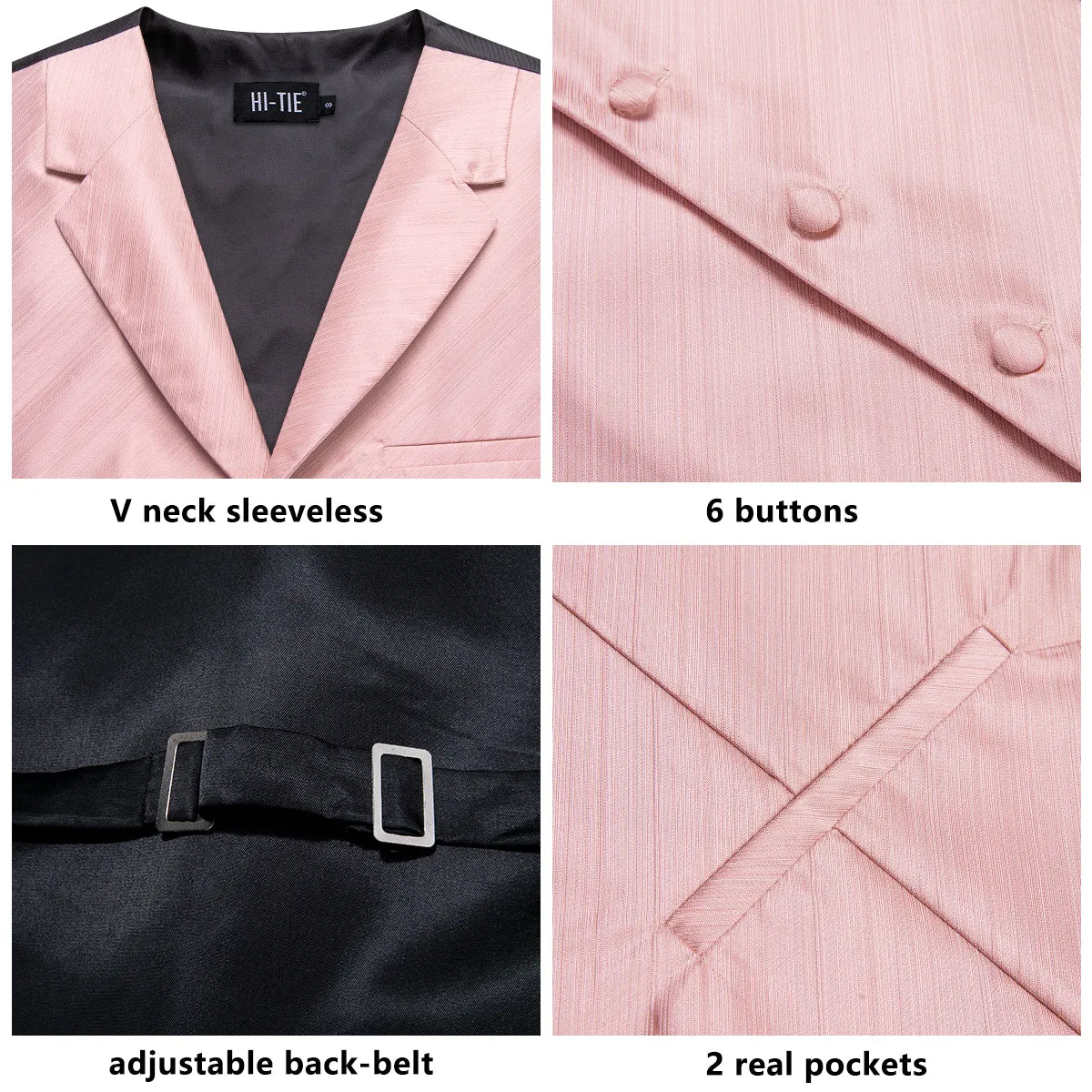 Hi-Tie Baby Pink Solid Silk Men's Collar Vest Hanky Cufflinks Tie Set