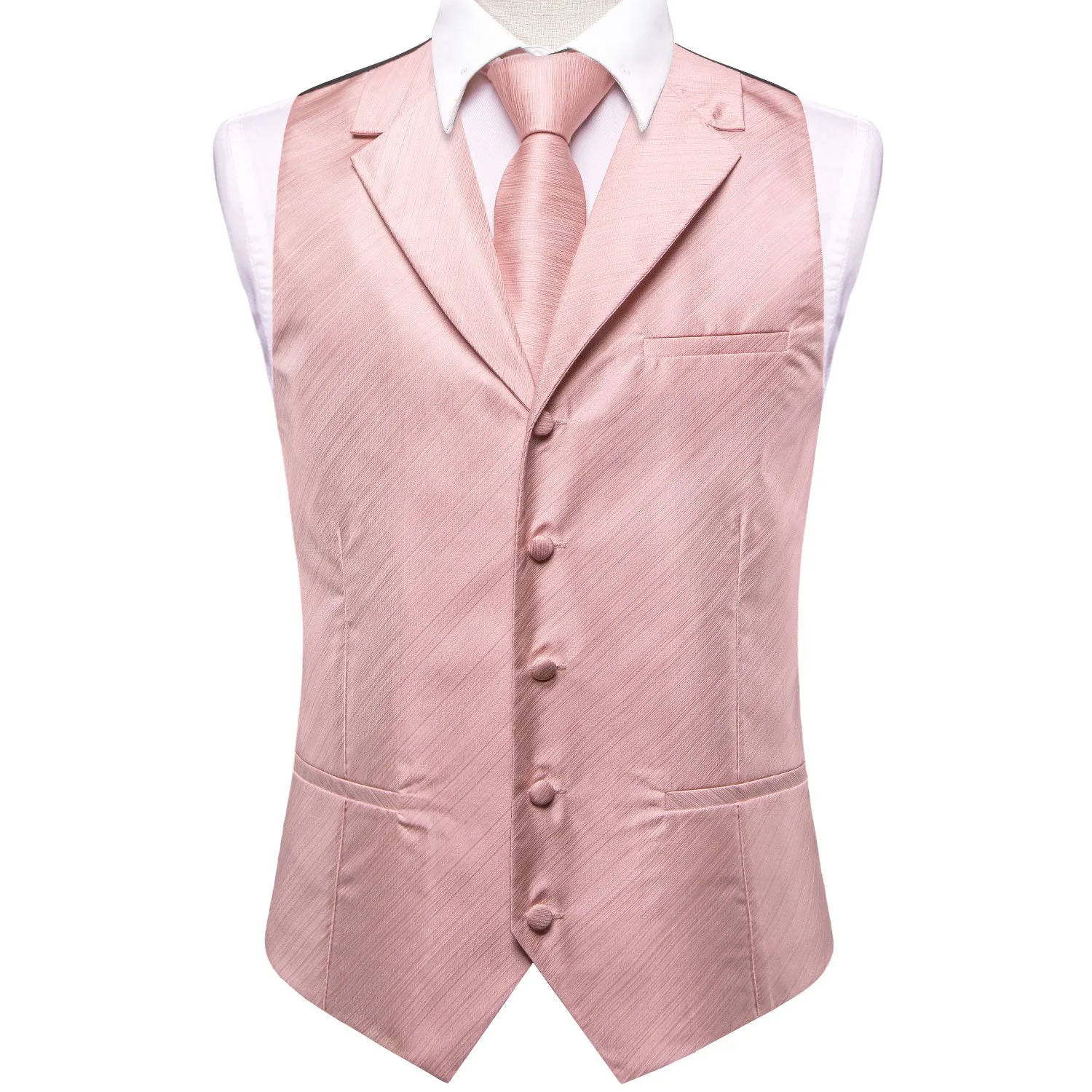 Hi-Tie Baby Pink Solid Silk Men's Collar Vest Hanky Cufflinks Tie Set