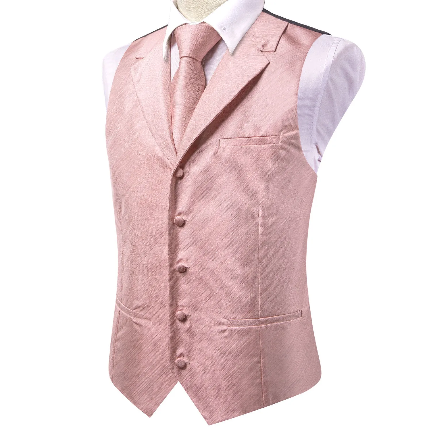 Hi-Tie Baby Pink Solid Silk Men's Collar Vest Hanky Cufflinks Tie Set