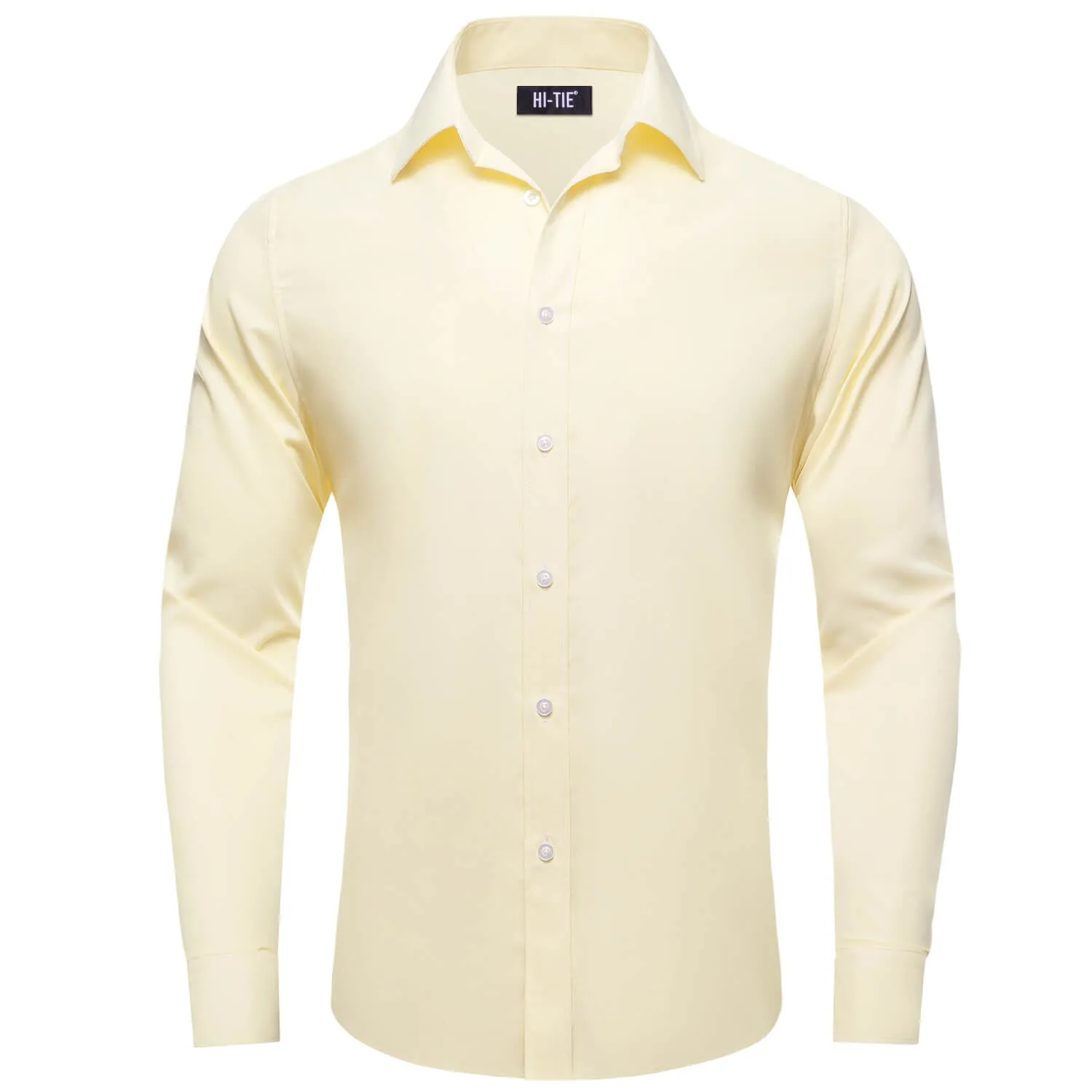 Hi-Tie Mens Dress Shirt Lemon Chiffon Yellow Solid Silk Button Down Shirt