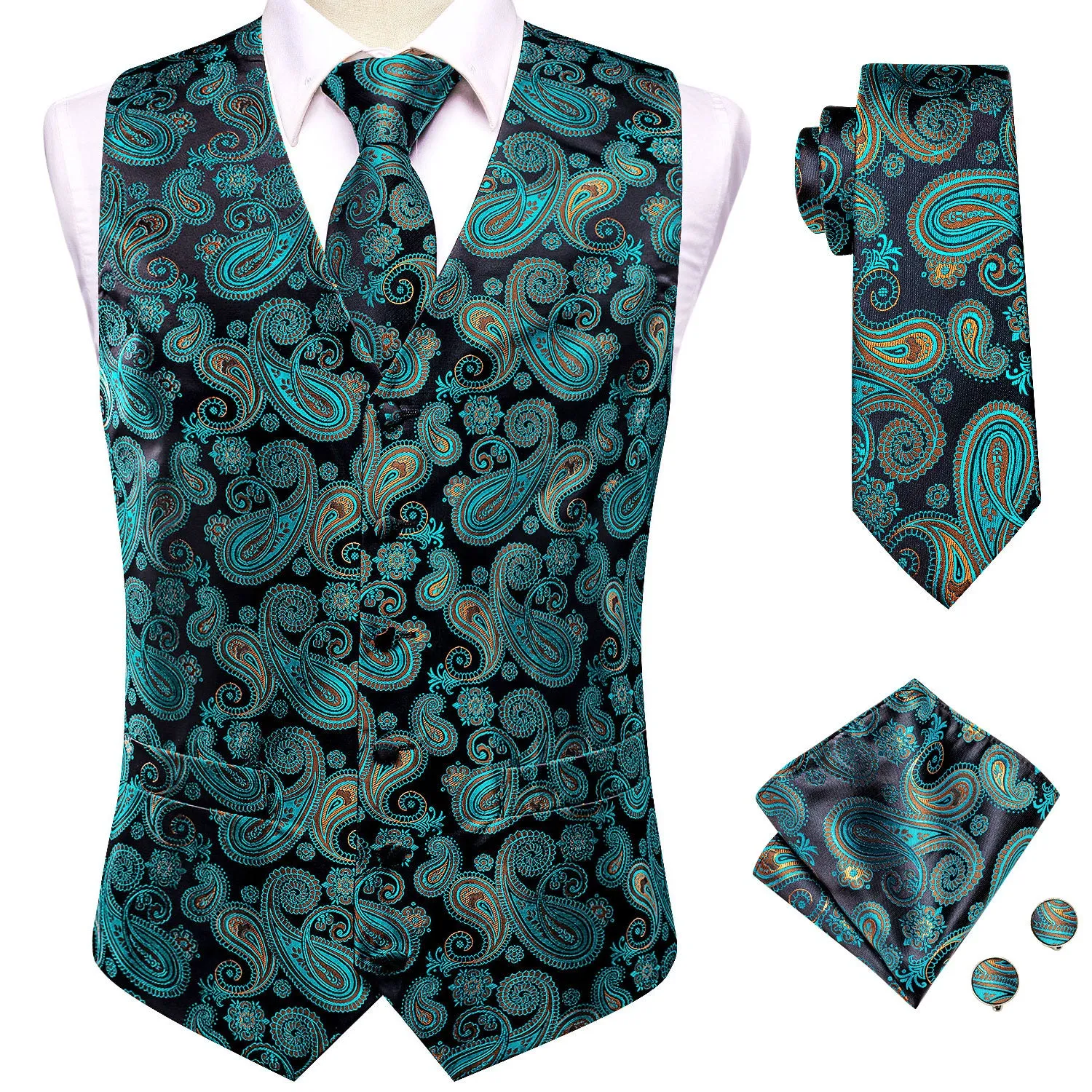 Hi-Tie Teal Black Paisley Silk Mens V-Neck Vest Hanky Cufflinks Tie Set