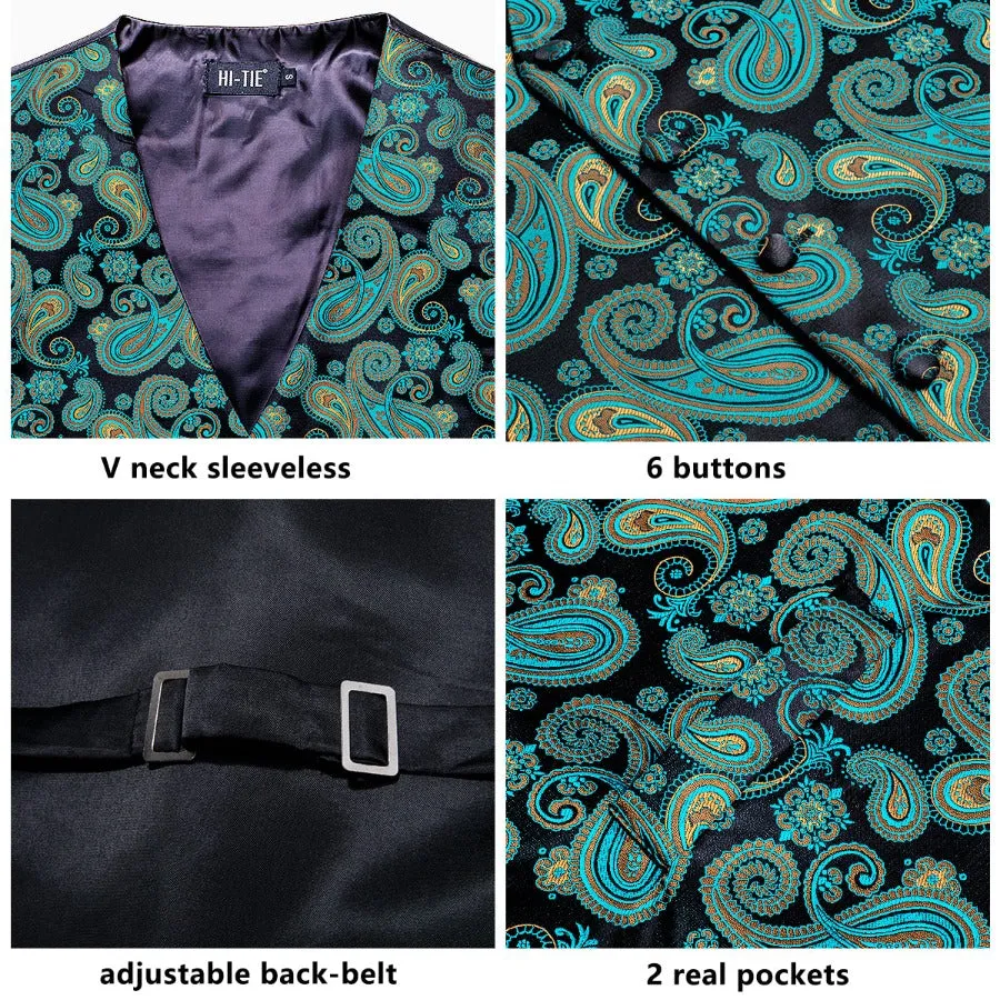 Hi-Tie Teal Black Paisley Silk Mens V-Neck Vest Hanky Cufflinks Tie Set