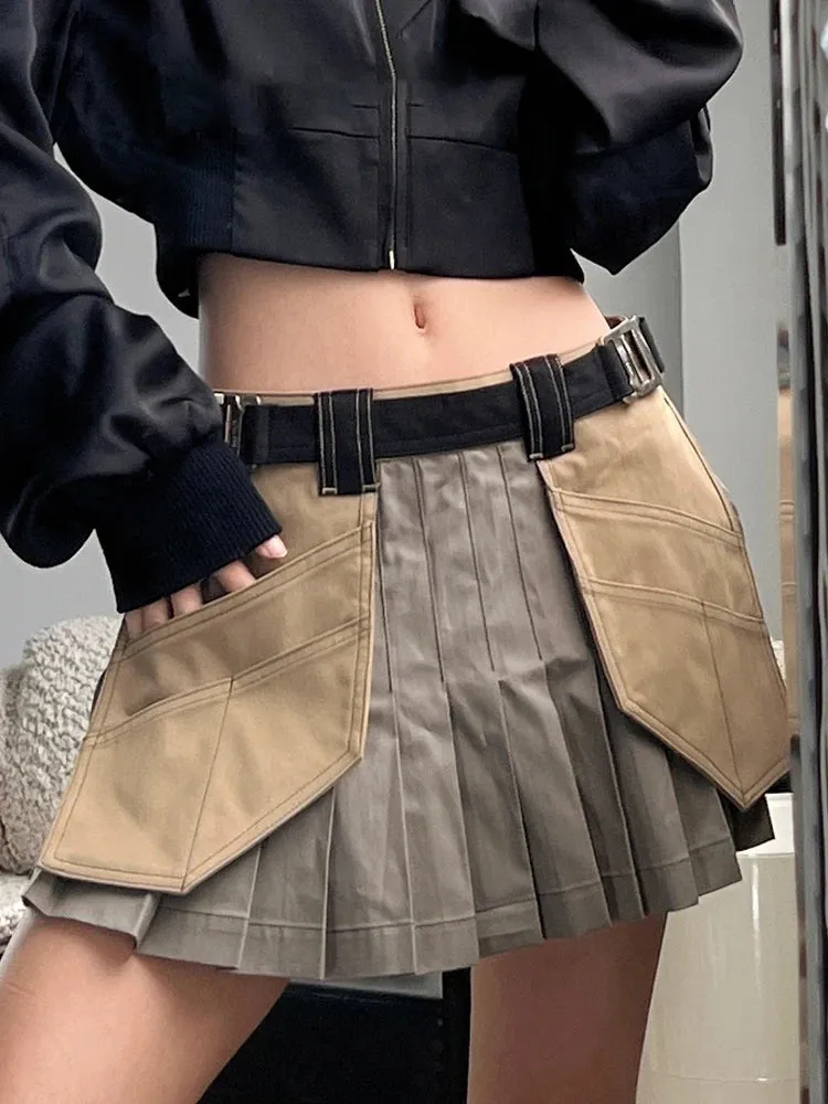 Hit Color Skirts For Women High Waist A Line Patchwork Pleated Casual Mini Skirt Female Fashion Clothing