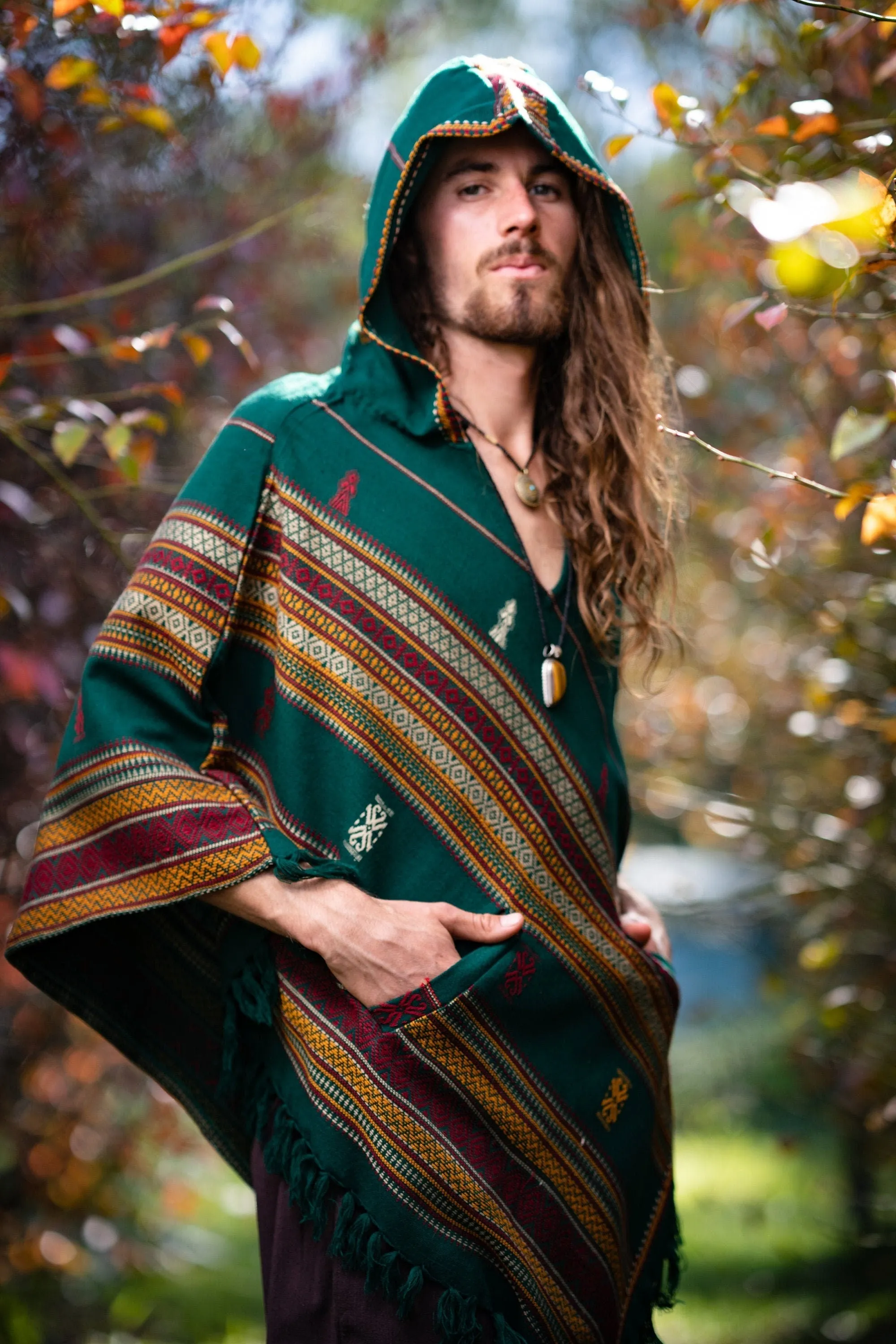 HODDI Mens Hooded Poncho Green Cashmere and Acrylic Wool Pockets Tribal Embroidery Celtic Festival Rave Mexican Primitive Large Hood AJJAYA