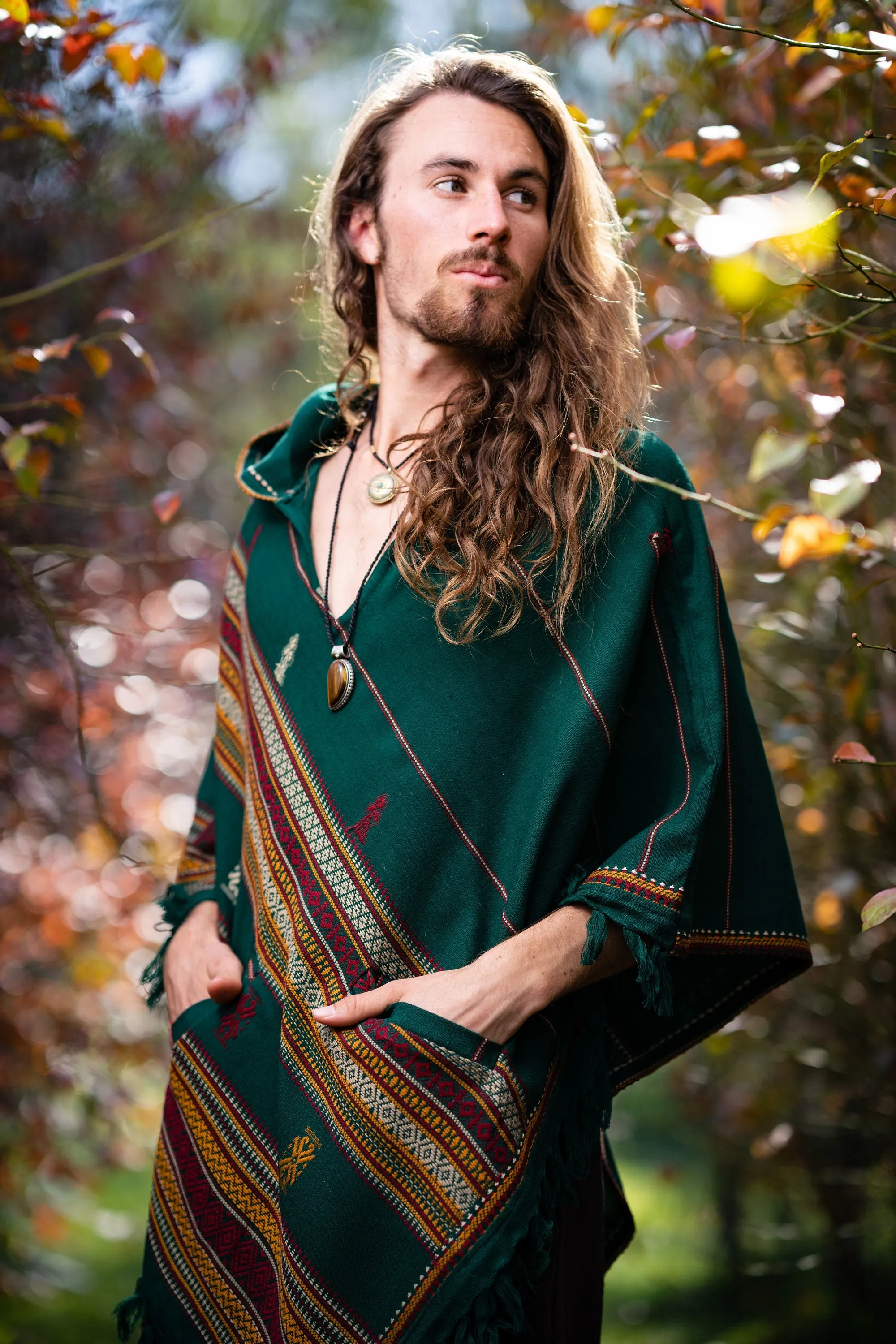 HODDI Mens Hooded Poncho Green Cashmere and Acrylic Wool Pockets Tribal Embroidery Celtic Festival Rave Mexican Primitive Large Hood AJJAYA