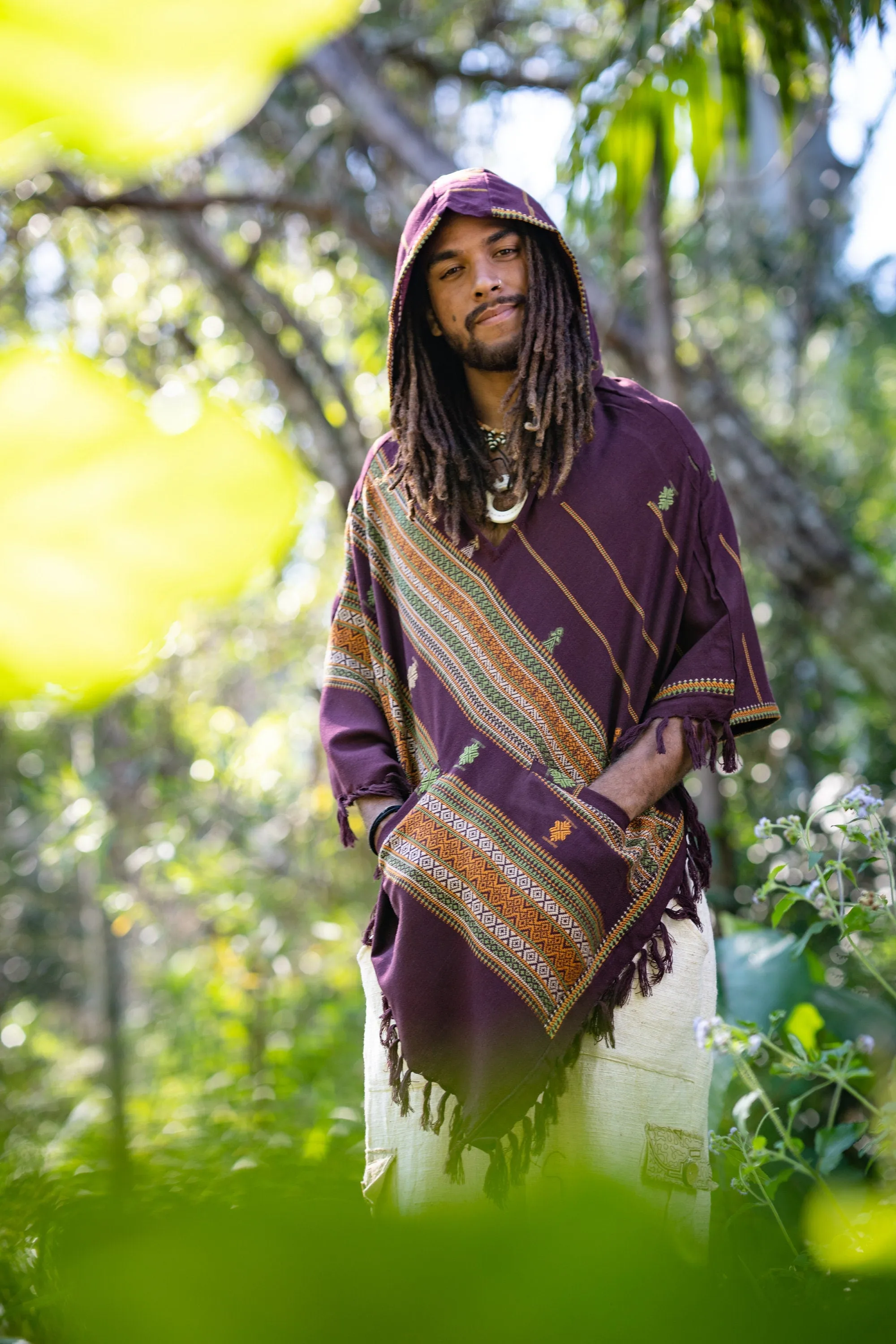 HODDI Mens Hooded Poncho Indigo Purple Maroon Cashmere and Acrylic Wool Hood pockets Earthy Tribal Celtic Festival AJJAYA Mexican Primitive