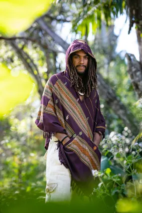 HODDI Mens Hooded Poncho Indigo Purple Maroon Cashmere and Acrylic Wool Hood pockets Earthy Tribal Celtic Festival AJJAYA Mexican Primitive