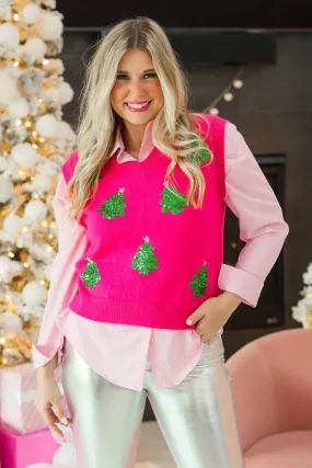 Hot Pink Sequins Tree Sweater Vest