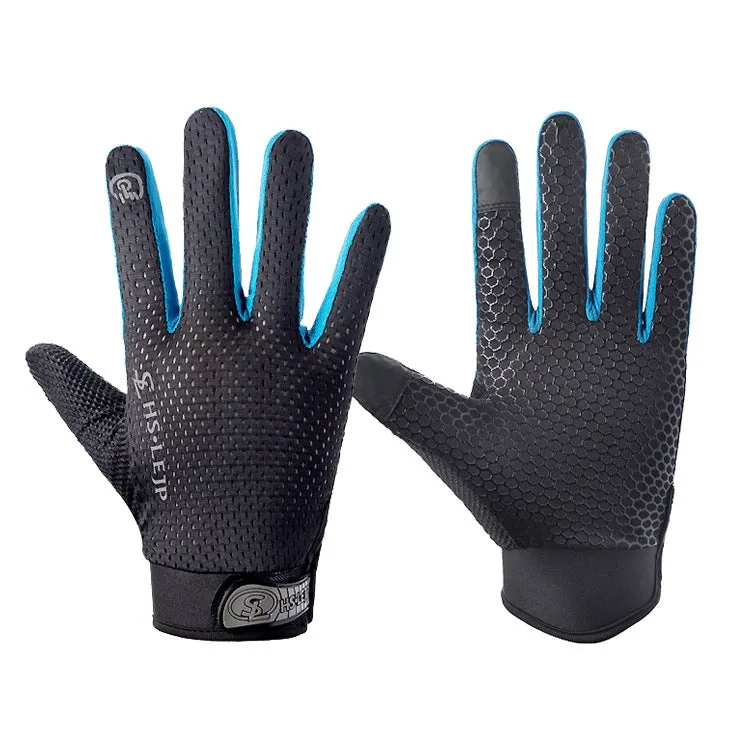 HSLEJP Outdoor Sports Breathable Touch Screen Antiskid Cycling Full Finger Gloves, Size: M(Black Blue)