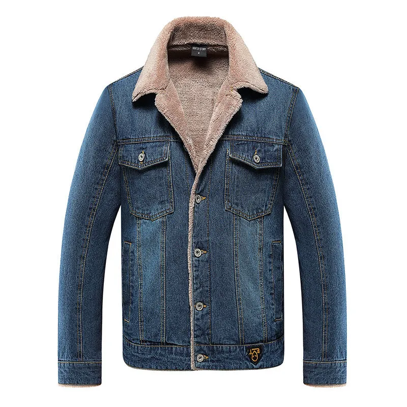 Ilooove - Cowboy Denim Thick Jacket Sherpa Lined Turn down Collar Coat for Men