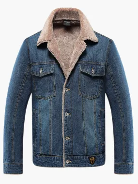 Ilooove - Cowboy Denim Thick Jacket Sherpa Lined Turn down Collar Coat for Men