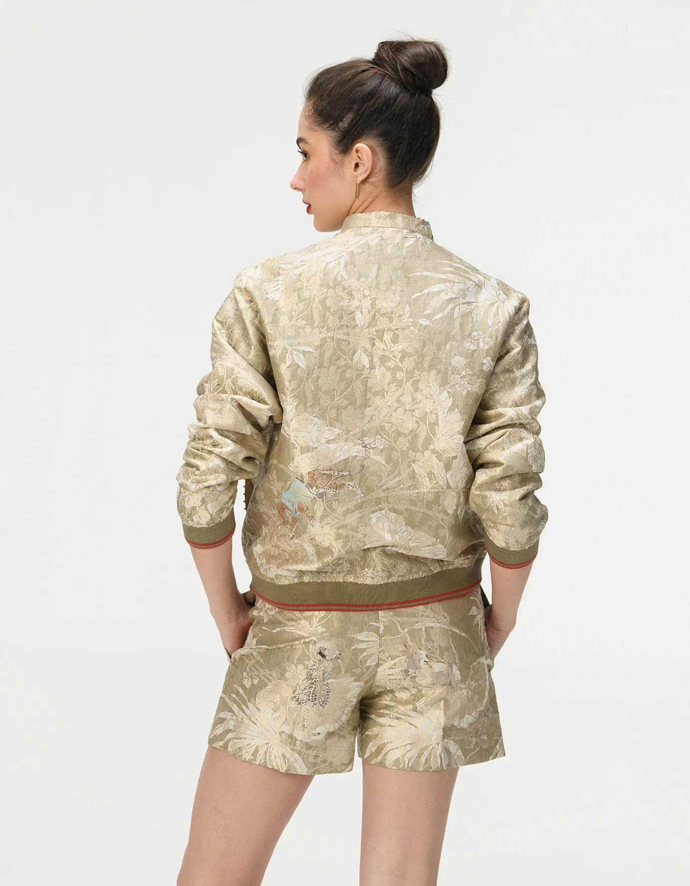 Janbaaz Bomber Jacket Silk Brocade Oyster Grey