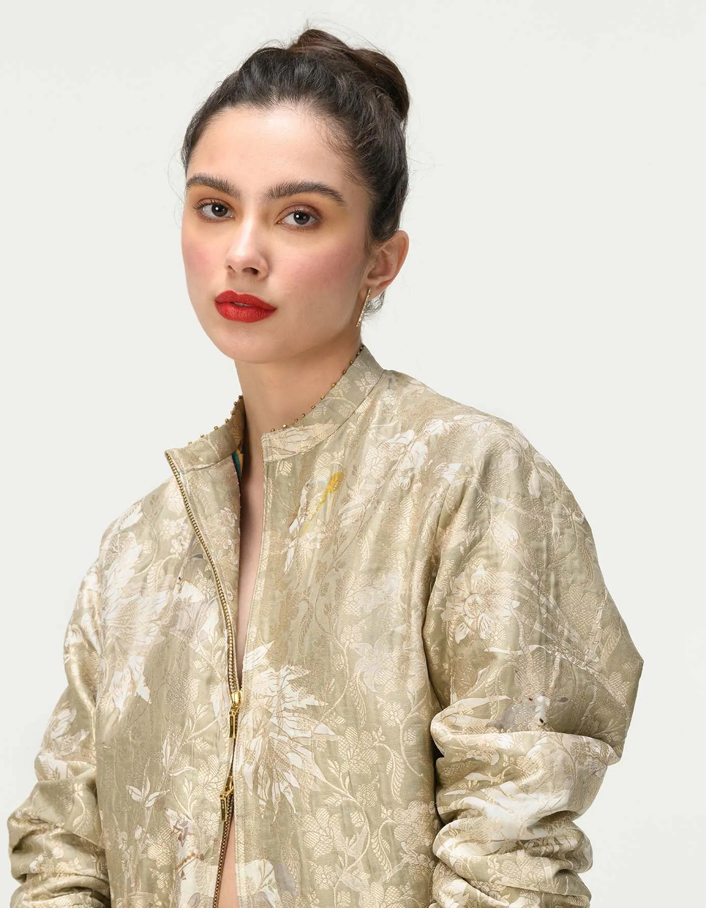 Janbaaz Bomber Jacket Silk Brocade Oyster Grey