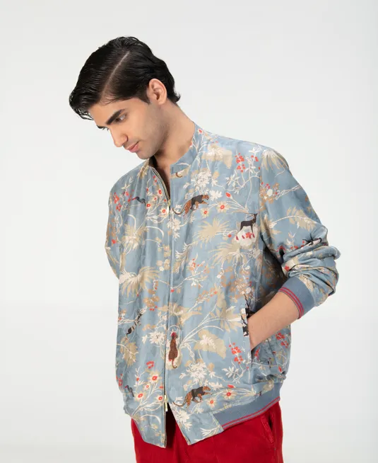 Janbaaz Bomber Jacket Silk Damask Monsoon Cloud