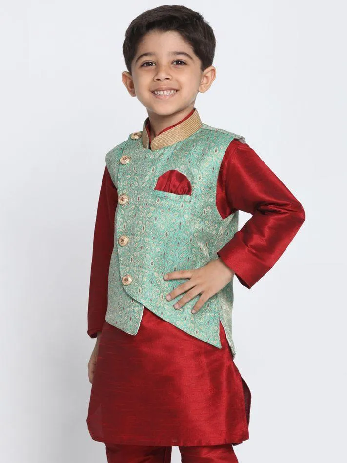 Jashvi Boys' Green Cotton Silk Blend Nehru Jacket