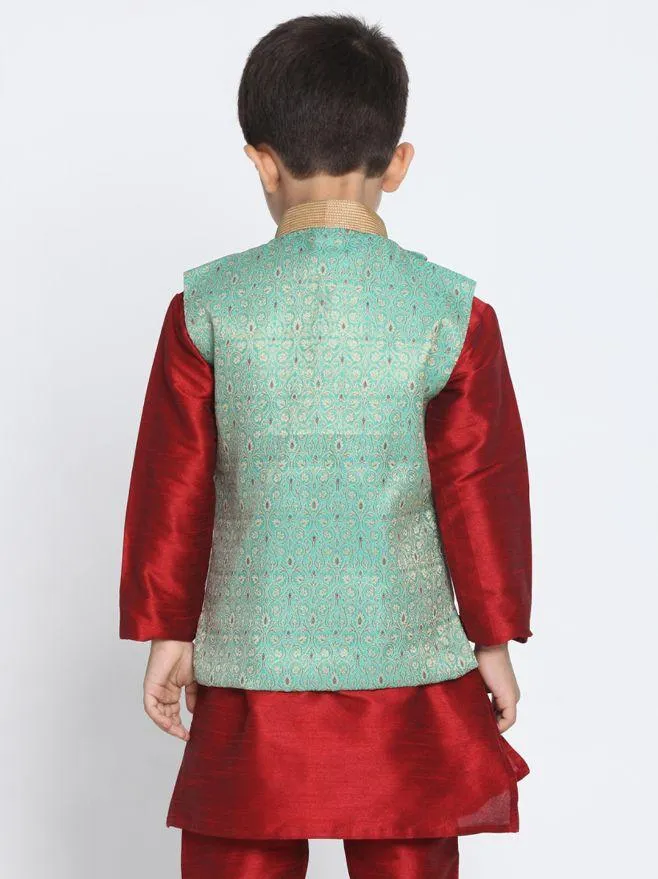 Jashvi Boys' Green Cotton Silk Blend Nehru Jacket