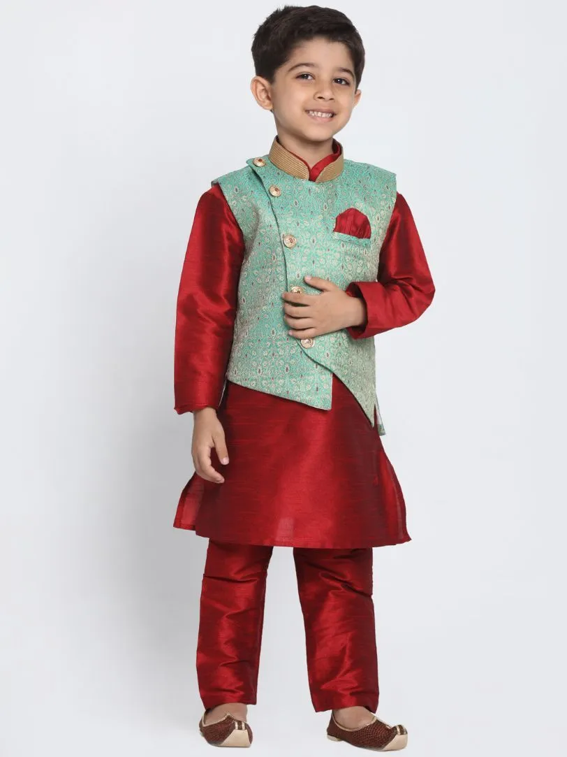 Jashvi Boys' Green Cotton Silk Blend Nehru Jacket