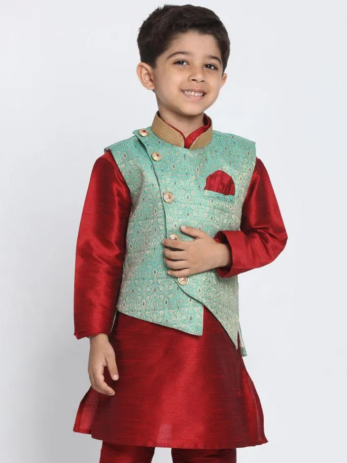 Jashvi Boys' Green Cotton Silk Blend Nehru Jacket