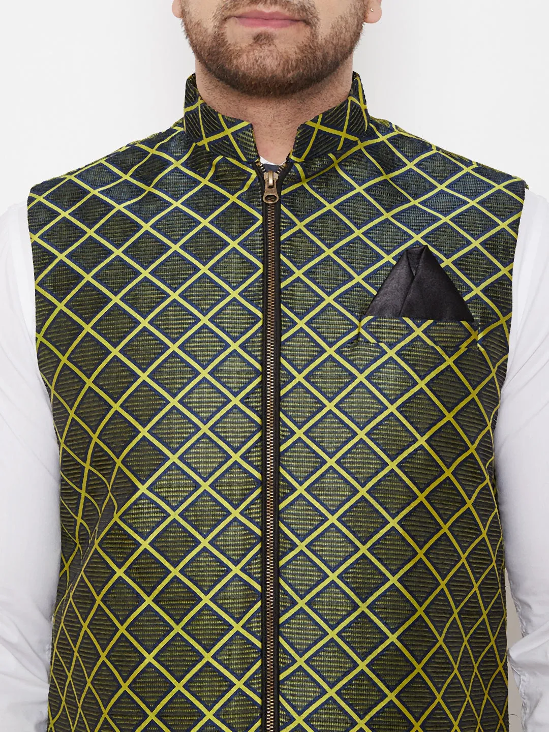 Jashvi Men's Green Jute Cotton Zipper Nehru Jacket