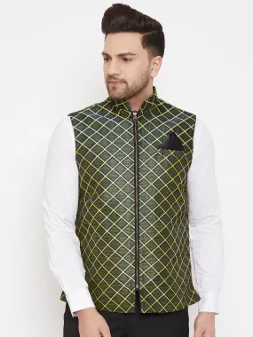 Jashvi Men's Green Jute Cotton Zipper Nehru Jacket