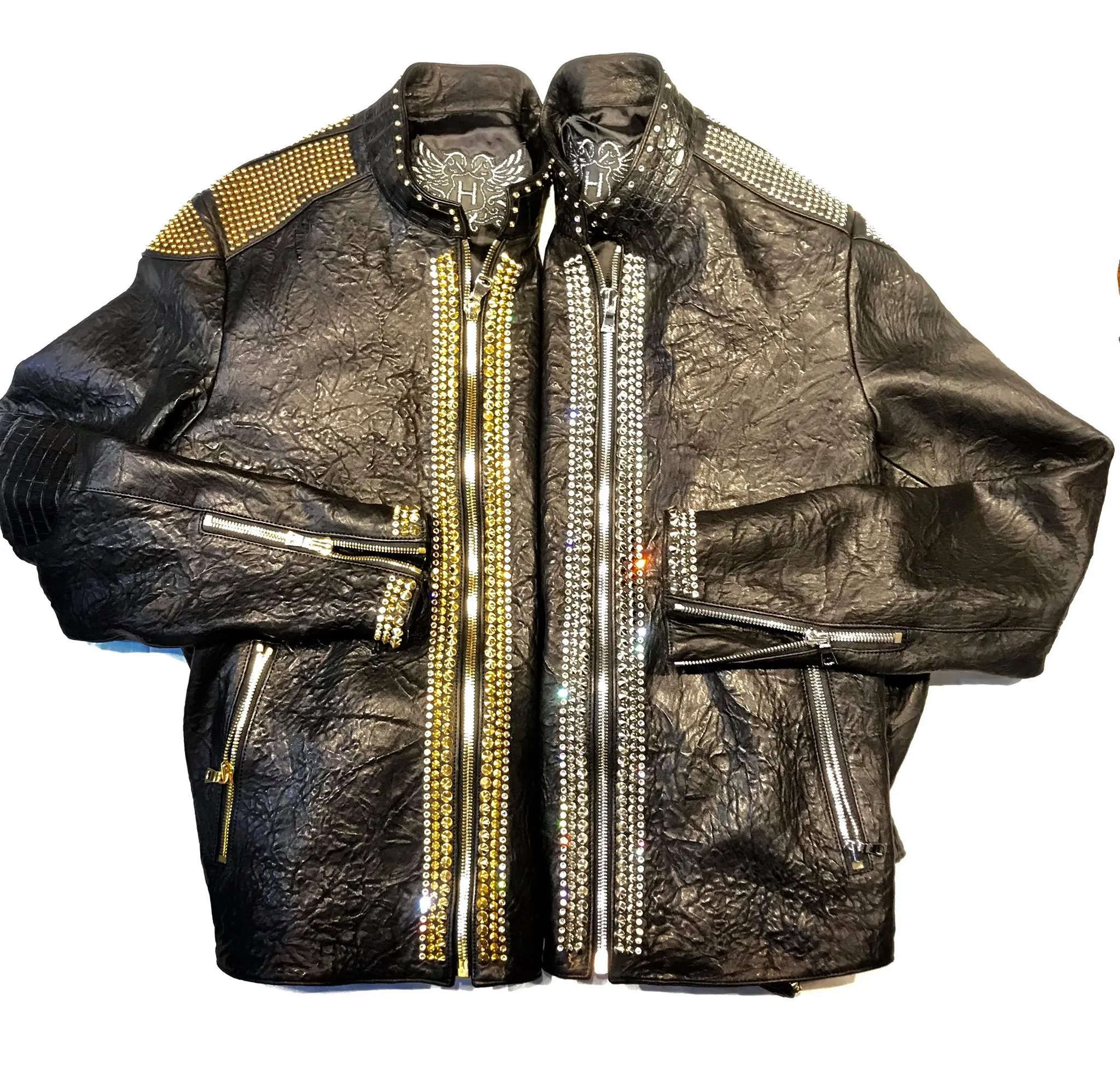 Kashani Alligator Studded Swarovski Lambskin Bomber Jacket