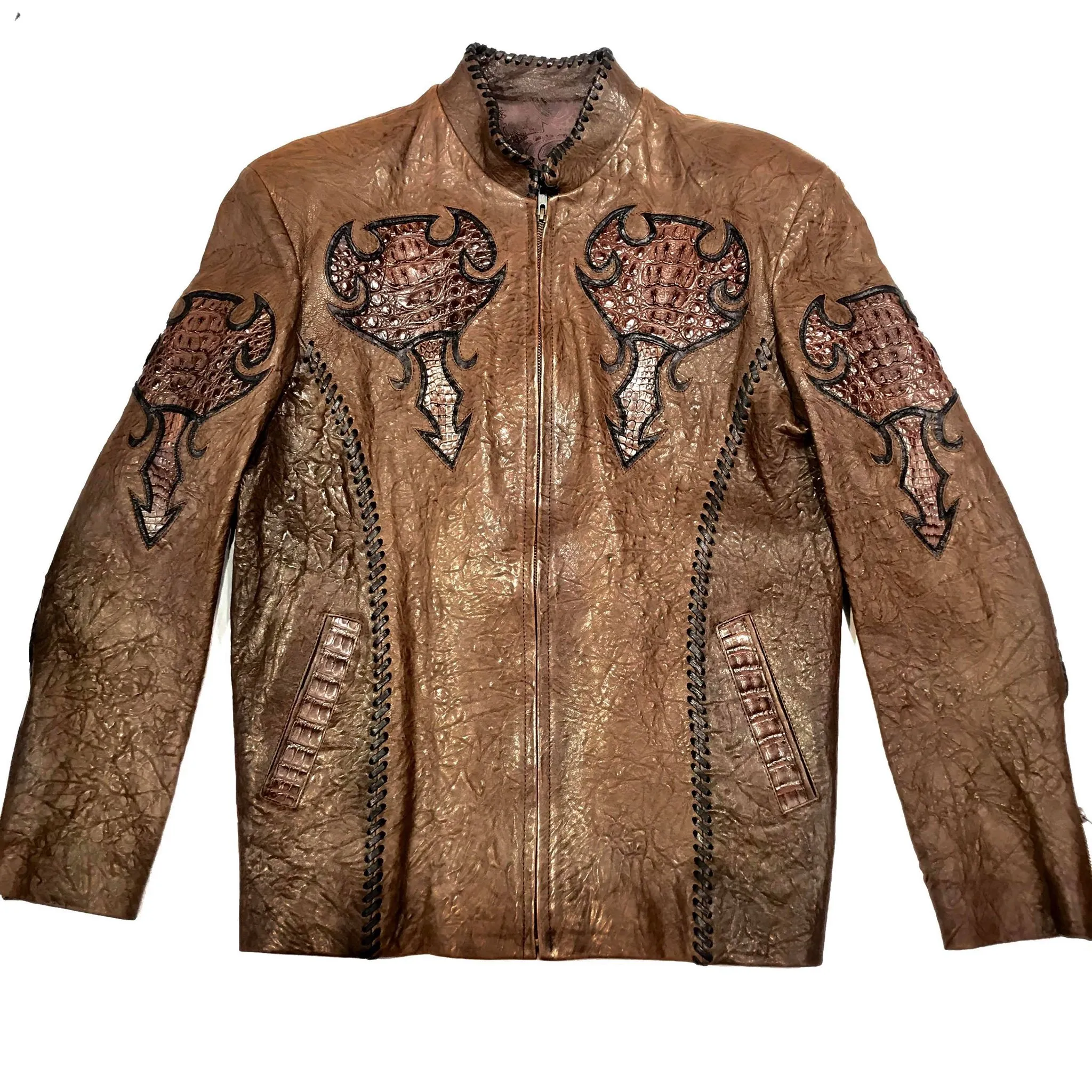 Kashani Brown Raw Laced Horn-Back Alligator Bomber Jacket