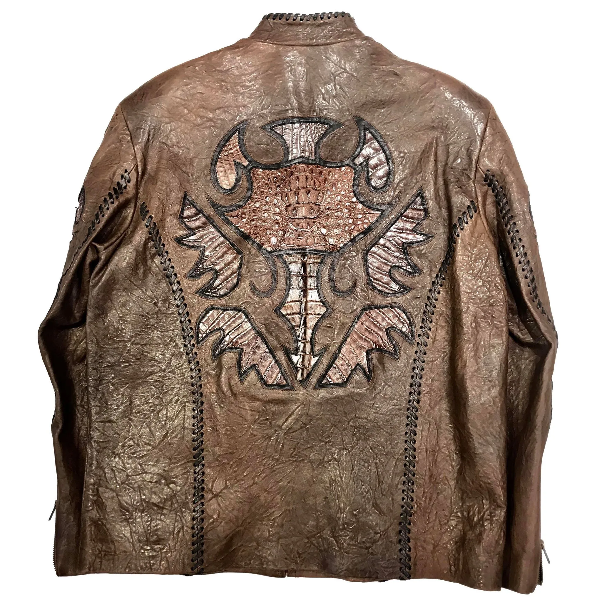 Kashani Brown Raw Laced Horn-Back Alligator Bomber Jacket