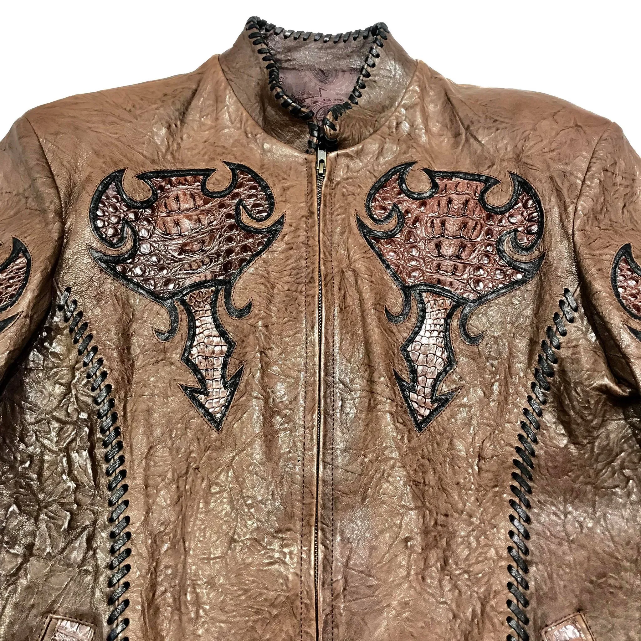 Kashani Brown Raw Laced Horn-Back Alligator Bomber Jacket