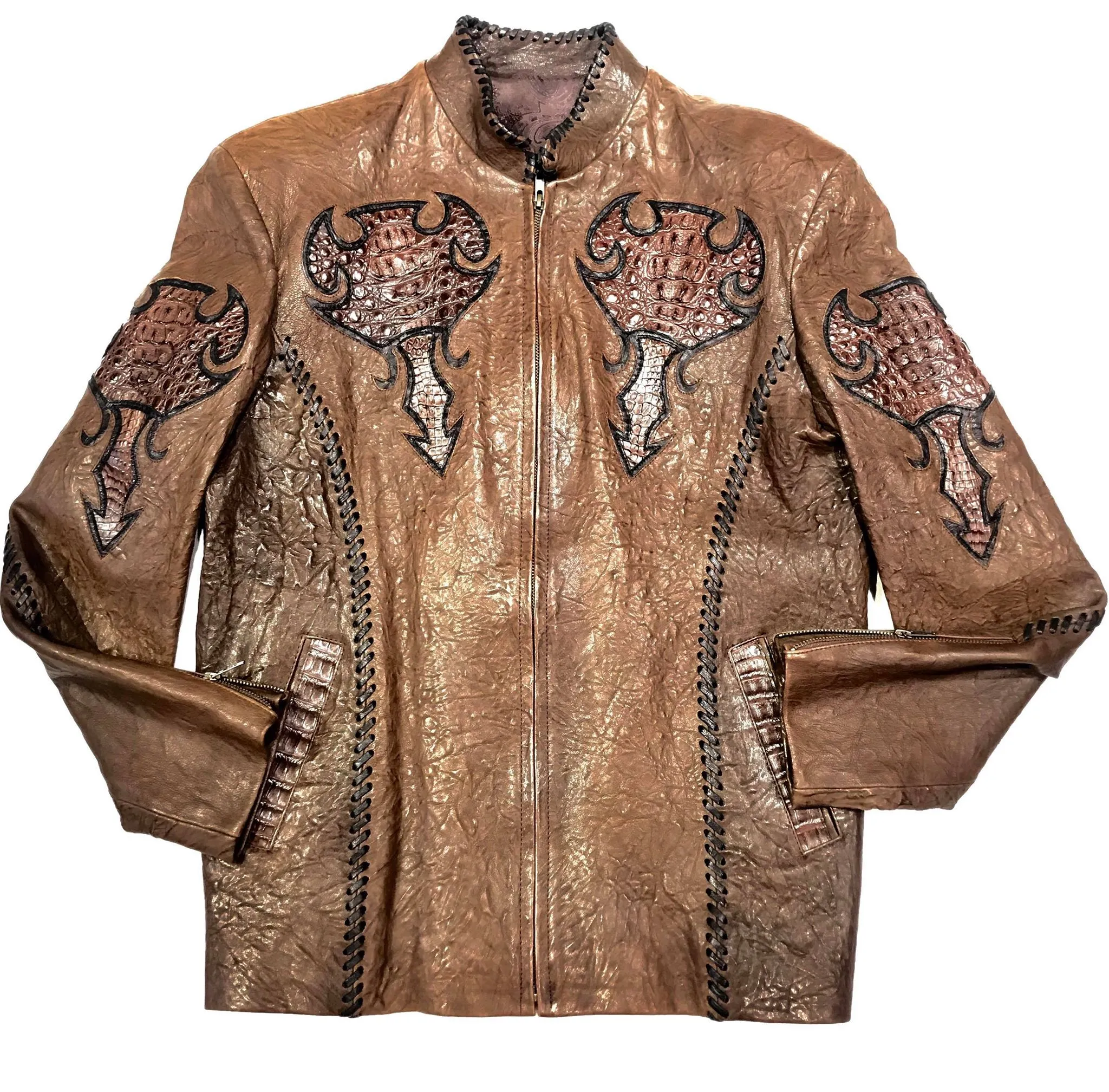 Kashani Brown Raw Laced Horn-Back Alligator Bomber Jacket