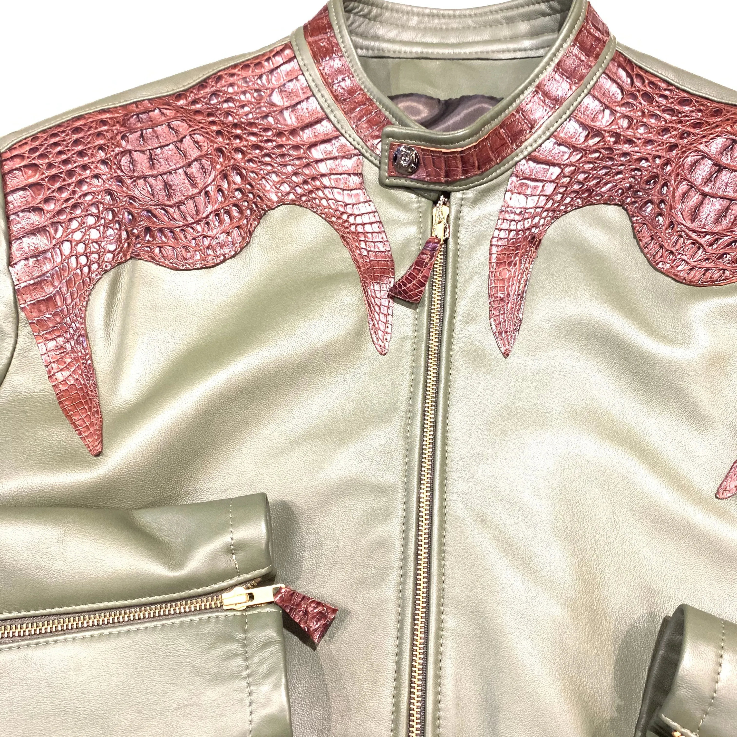 Kashani Olive Chocolate Alligator Bomber Jacket