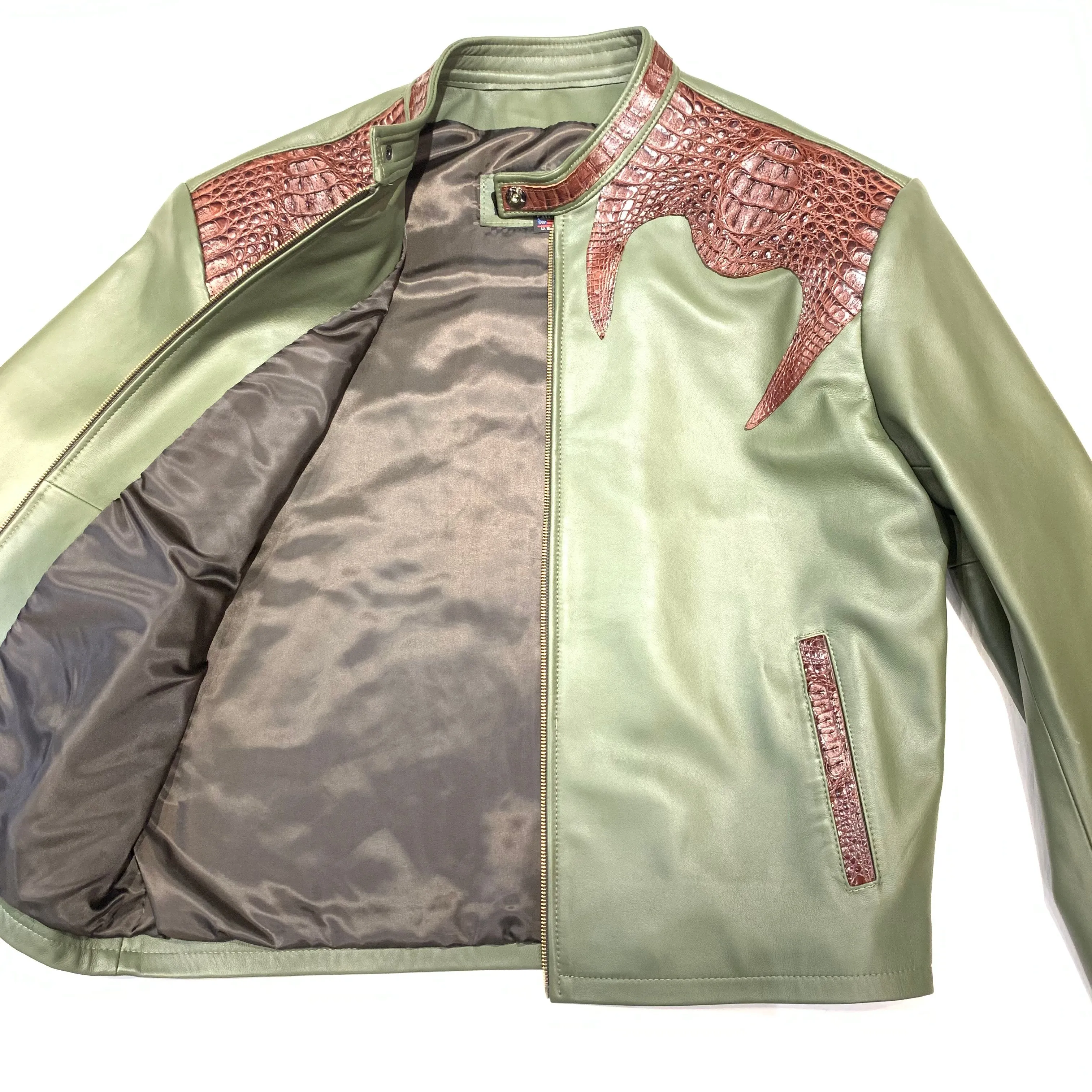 Kashani Olive Chocolate Alligator Bomber Jacket