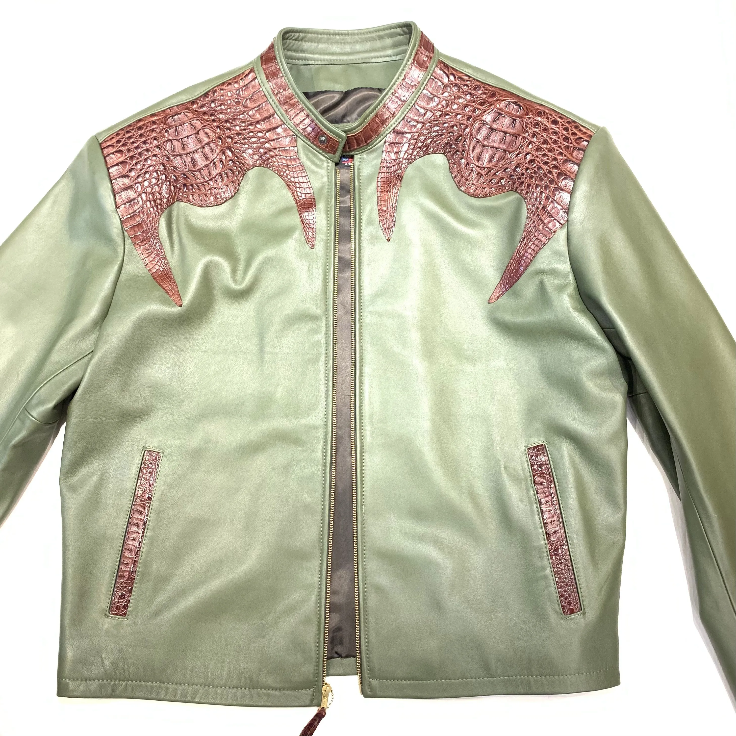 Kashani Olive Chocolate Alligator Bomber Jacket