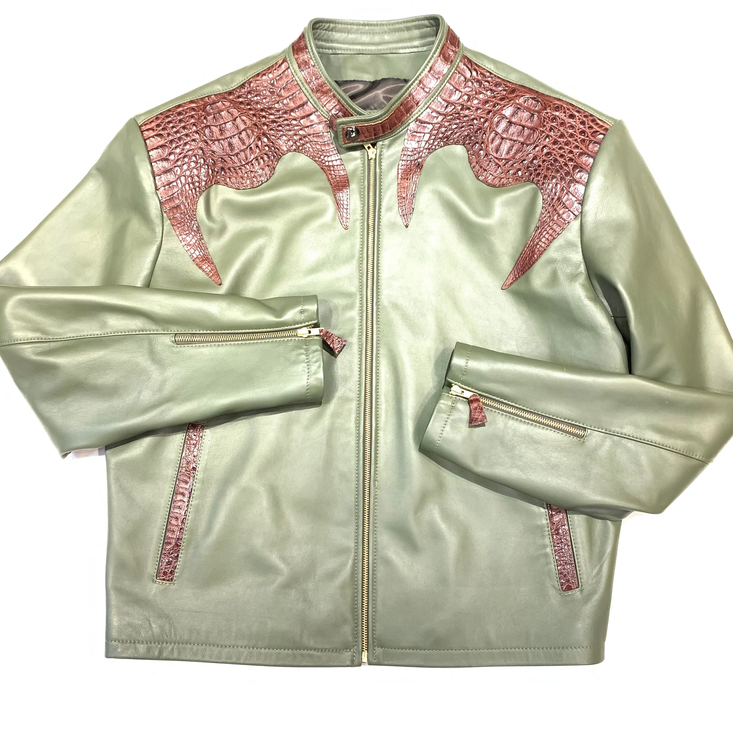 Kashani Olive Chocolate Alligator Bomber Jacket