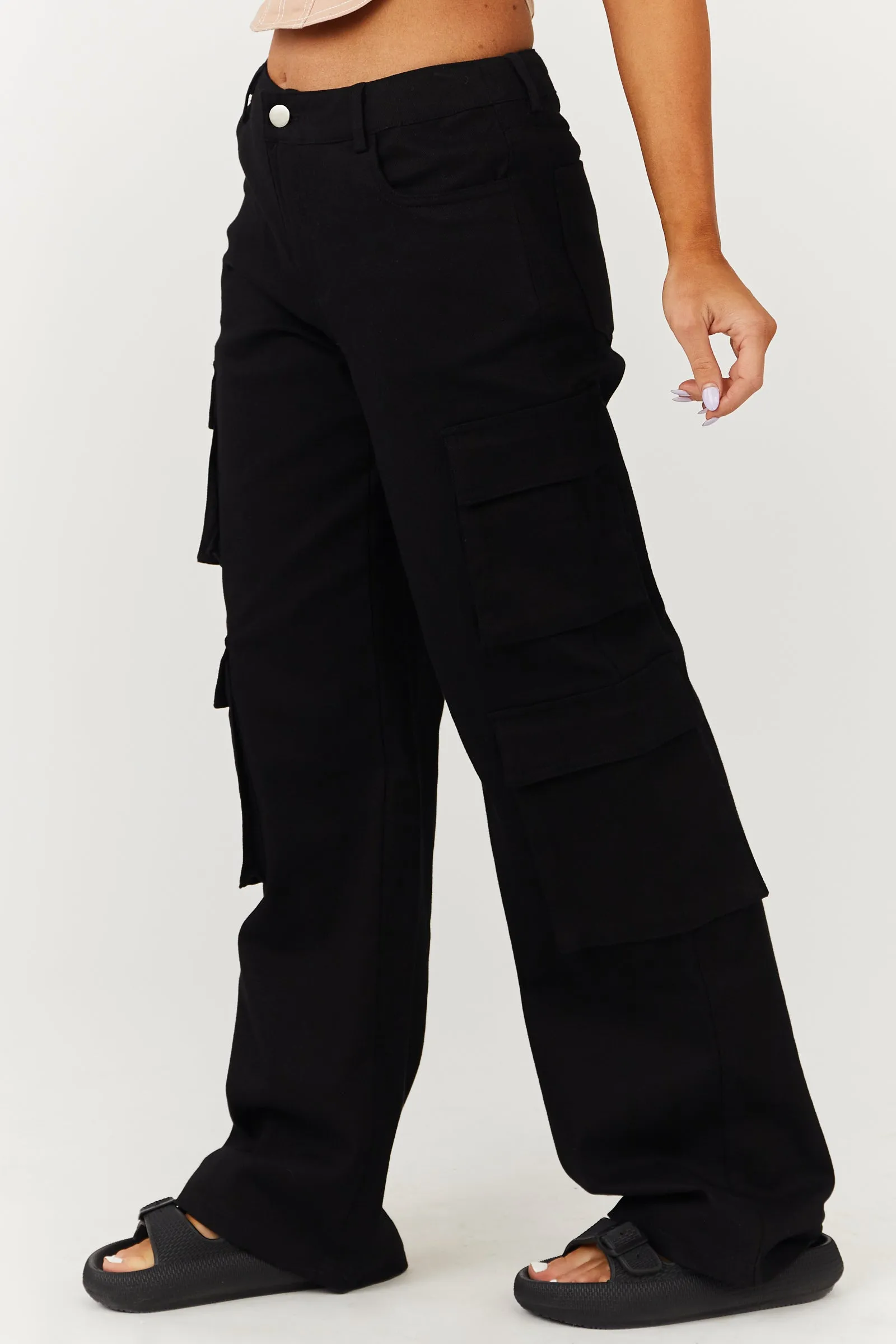 Klesis Black Wide Leg Denim Cargo Pants