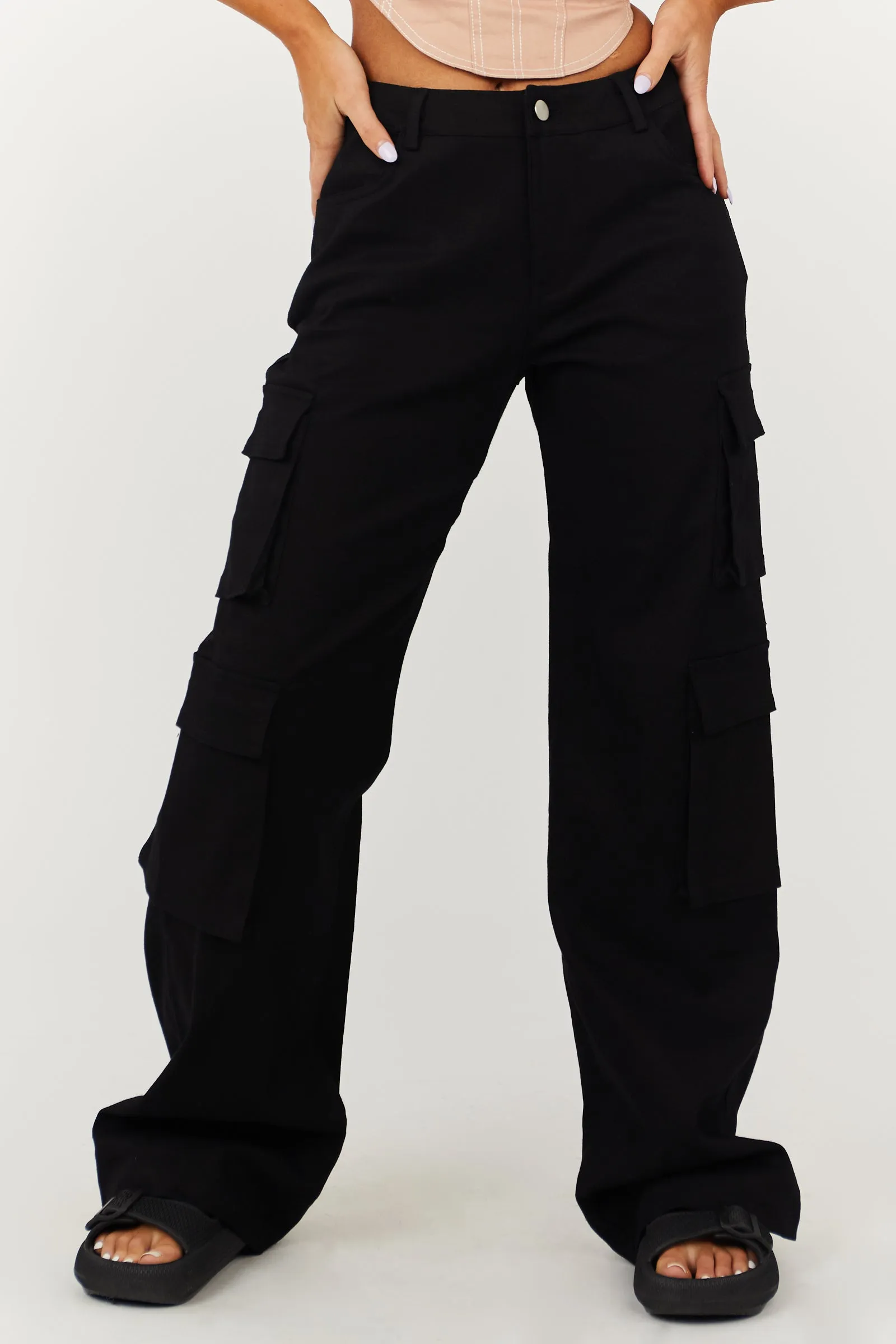 Klesis Black Wide Leg Denim Cargo Pants