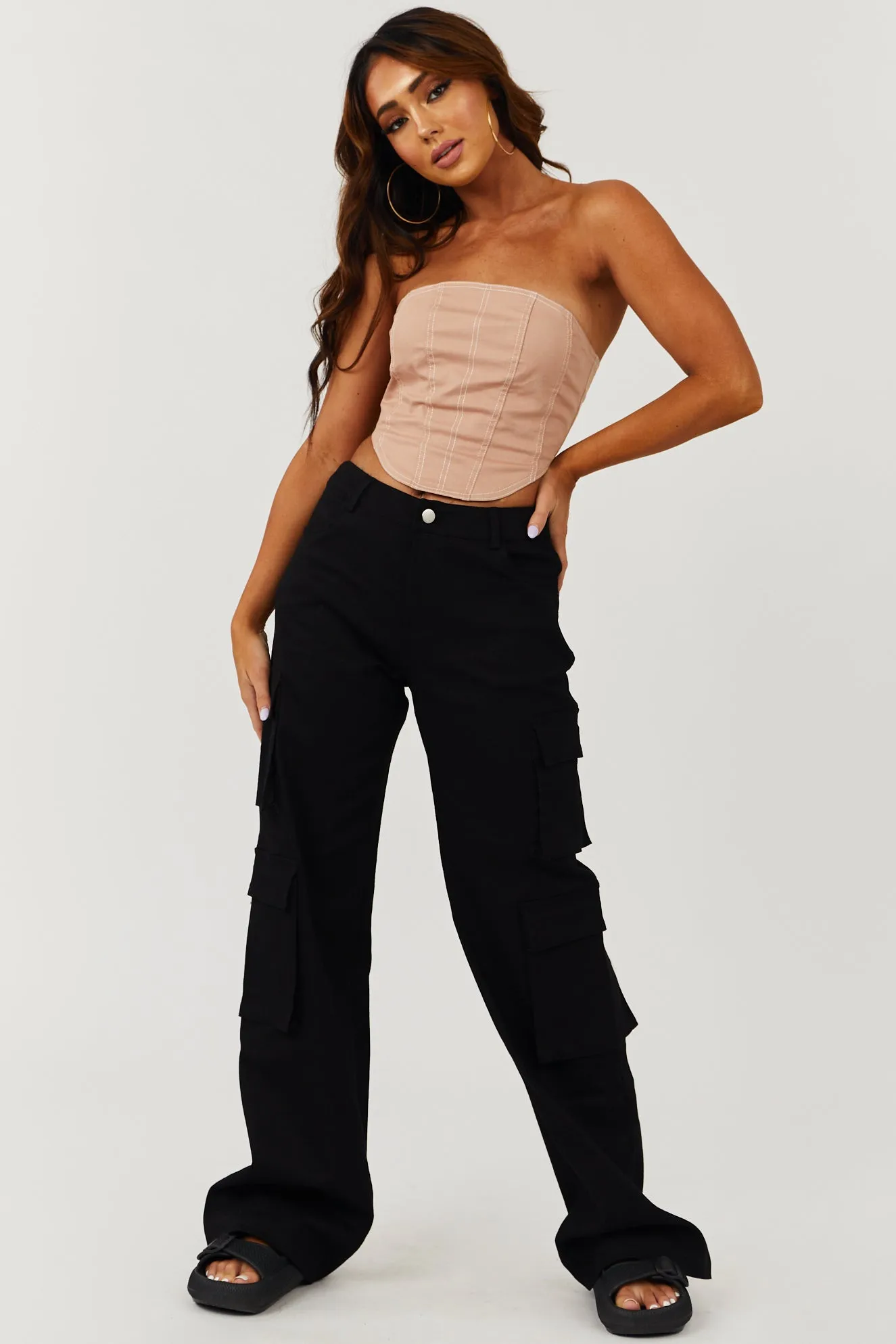 Klesis Black Wide Leg Denim Cargo Pants