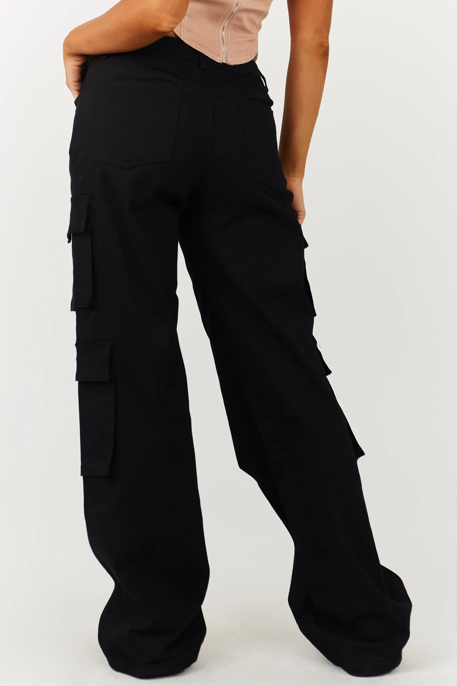 Klesis Black Wide Leg Denim Cargo Pants