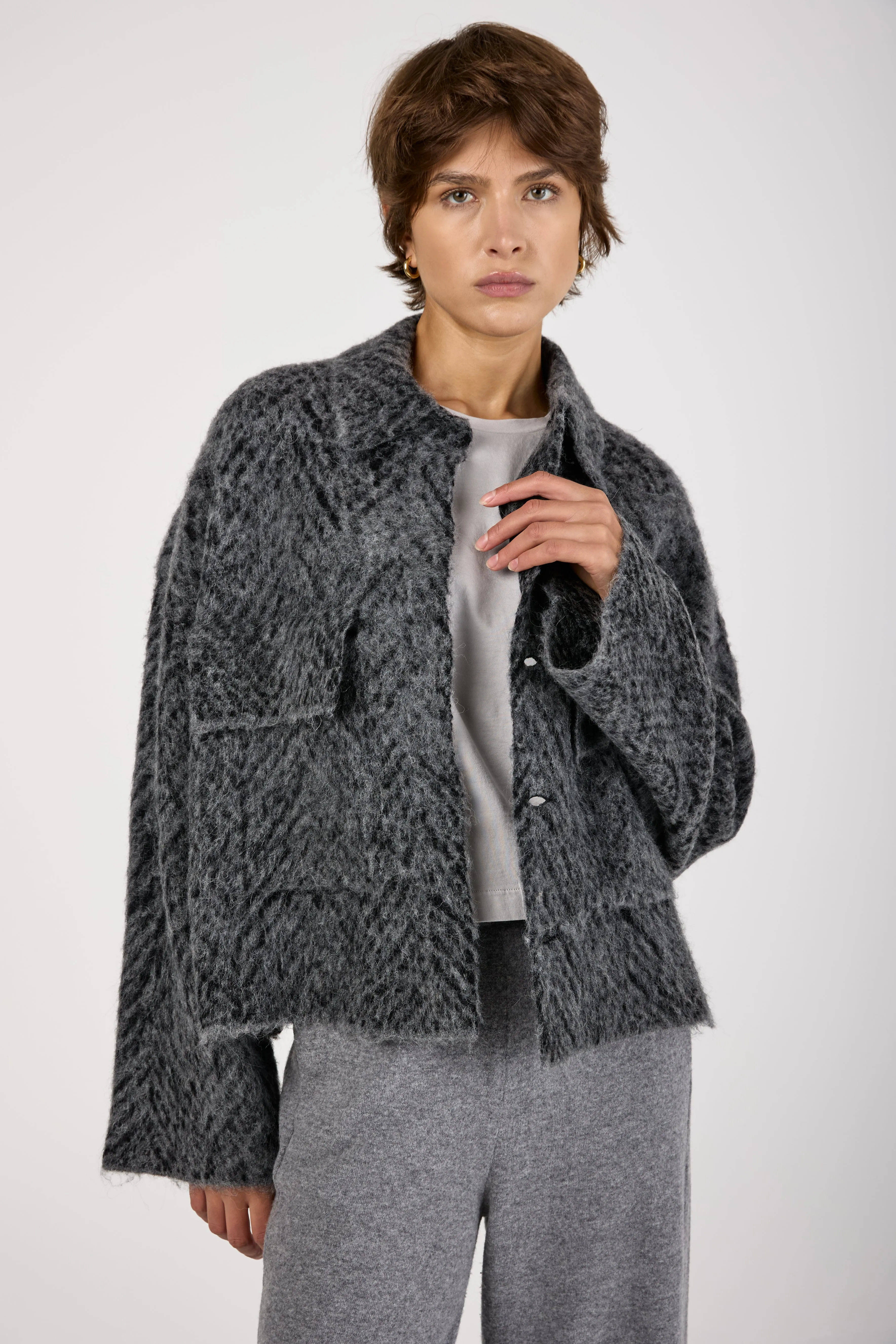 Knit Jacquard Chevron Jacket in Grey Black