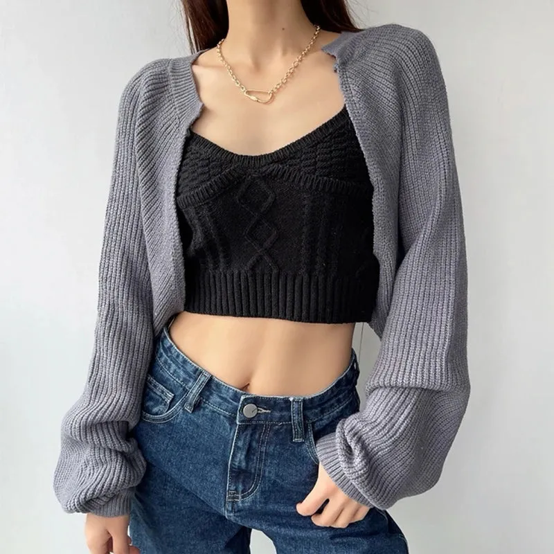 Korean Fashion Women Loose Short Knitted Cardigan Sweater Fall Harajuku Lantern Sleeve Y2k Clothes Female Vintage Crop Top