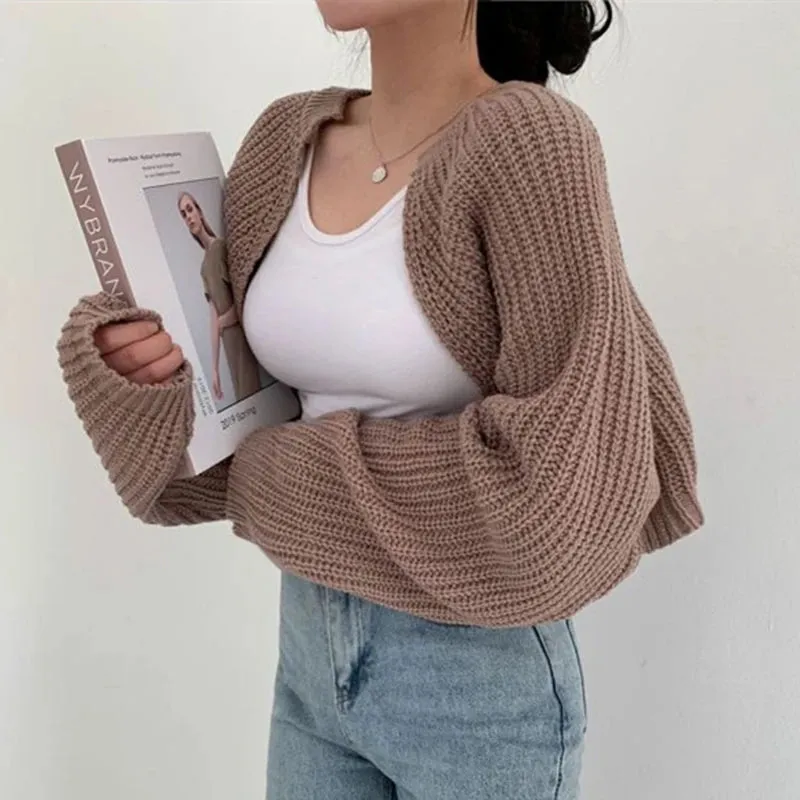 Korean Fashion Women Loose Short Knitted Cardigan Sweater Fall Harajuku Lantern Sleeve Y2k Clothes Female Vintage Crop Top