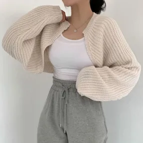 Korean Fashion Women Loose Short Knitted Cardigan Sweater Fall Harajuku Lantern Sleeve Y2k Clothes Female Vintage Crop Top