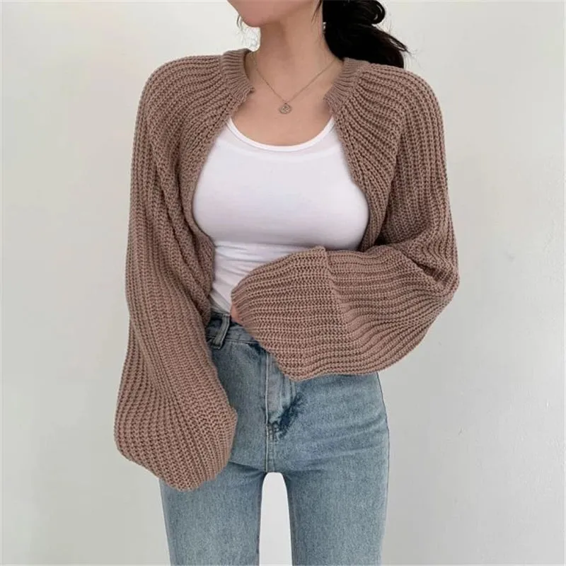 Korean Fashion Women Loose Short Knitted Cardigan Sweater Fall Harajuku Lantern Sleeve Y2k Clothes Female Vintage Crop Top