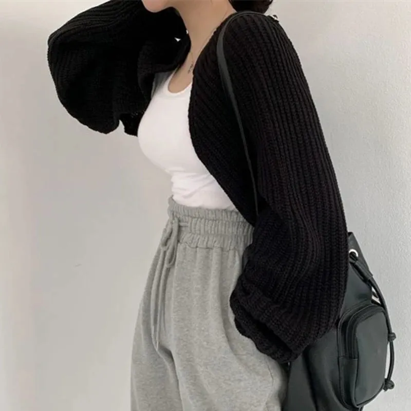 Korean Fashion Women Loose Short Knitted Cardigan Sweater Fall Harajuku Lantern Sleeve Y2k Clothes Female Vintage Crop Top