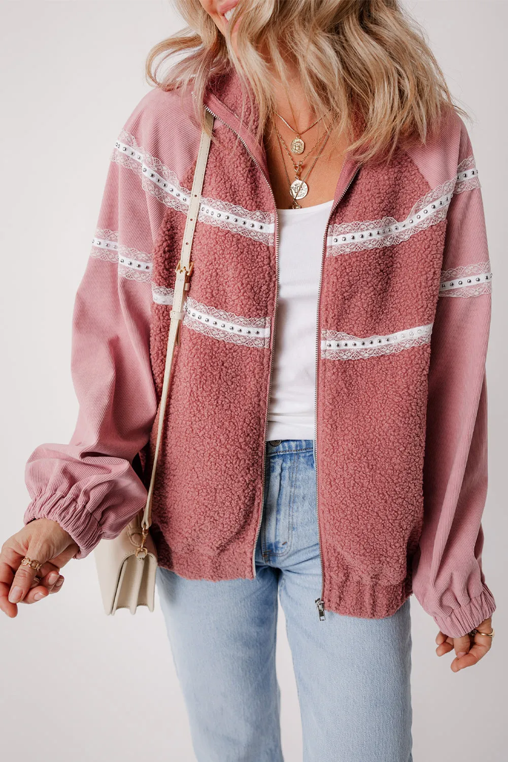 Lace Detail Zip Up Sherpa Patchwork Jacket