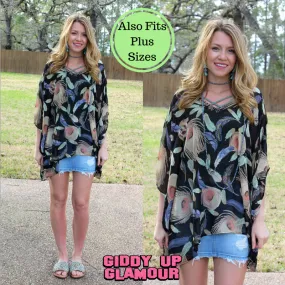 Last Chance Size Medium | Sure Thing Sheer Feather Print Oversized Poncho Top in Black