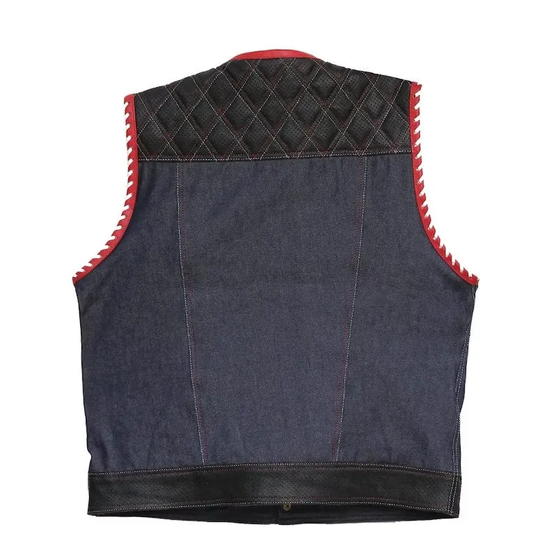 Leather vest,Diamond Quilted Perforated Leather Style Denim & Leather Motorcycle Vest Braided Men's Leather Vest Biker Rider Club