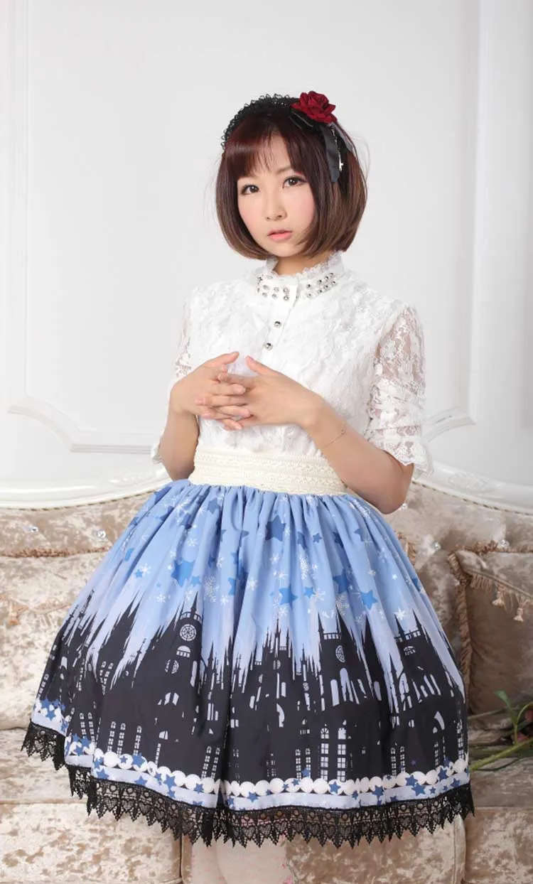 Lolita Blue and Back Gothic Church Printed Lace Lady's Elastic Waist Skirt