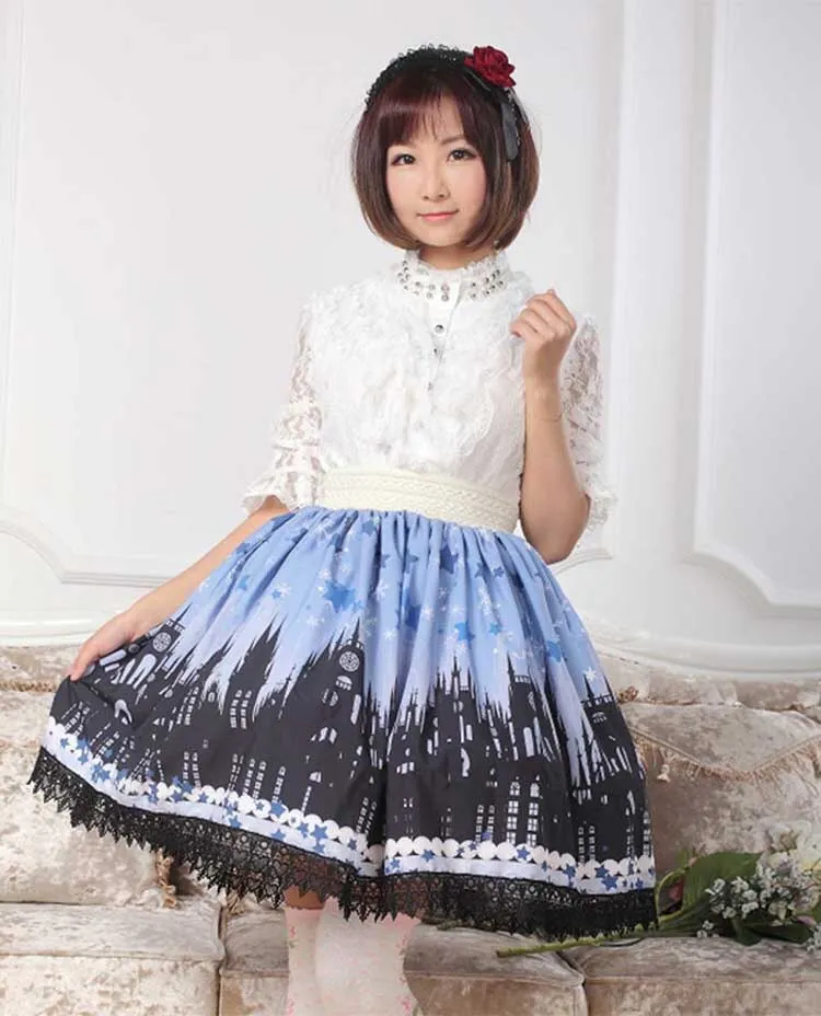 Lolita Blue and Back Gothic Church Printed Lace Lady's Elastic Waist Skirt