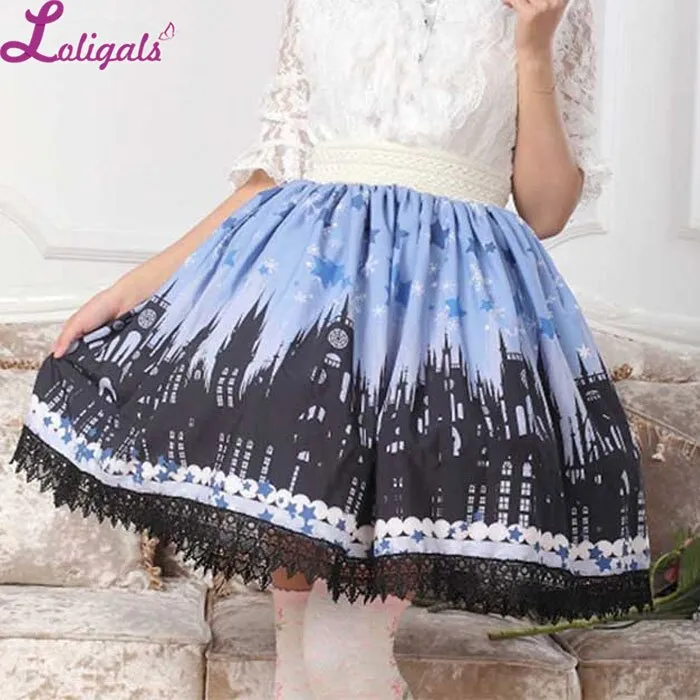 Lolita Blue and Back Gothic Church Printed Lace Lady's Elastic Waist Skirt