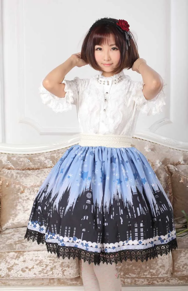 Lolita Blue and Back Gothic Church Printed Lace Lady's Elastic Waist Skirt